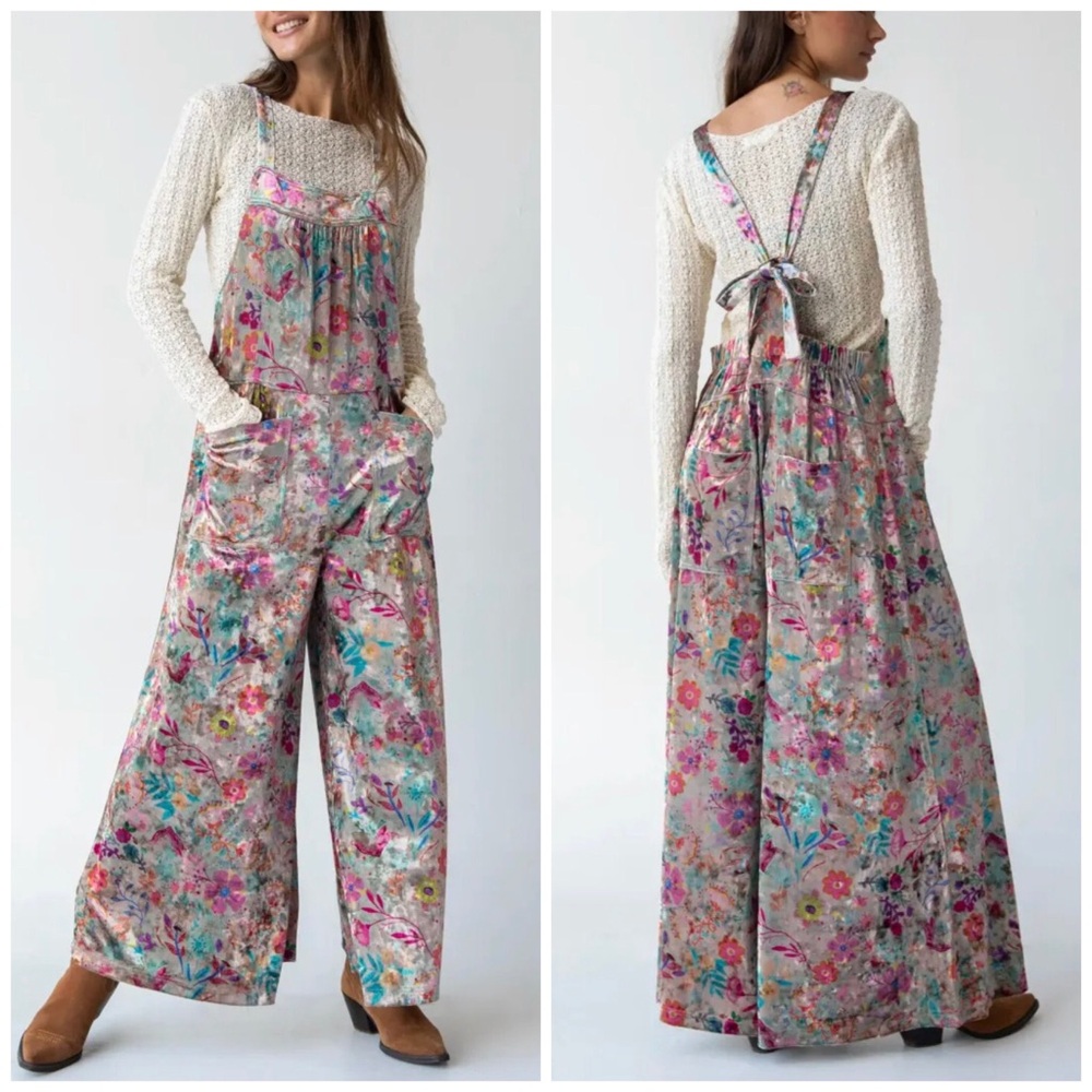 NWT Natural Life Velvet Floral Dakota Tie Overall Jumpsuit